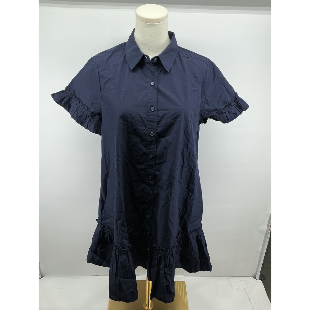 100% Organic Cotton Poplin Short Sleeve Ruffle Shirt Dress